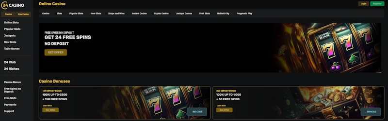 24Casino – 100% talletusbonus 500€ + 150 ilmaiskierrosta